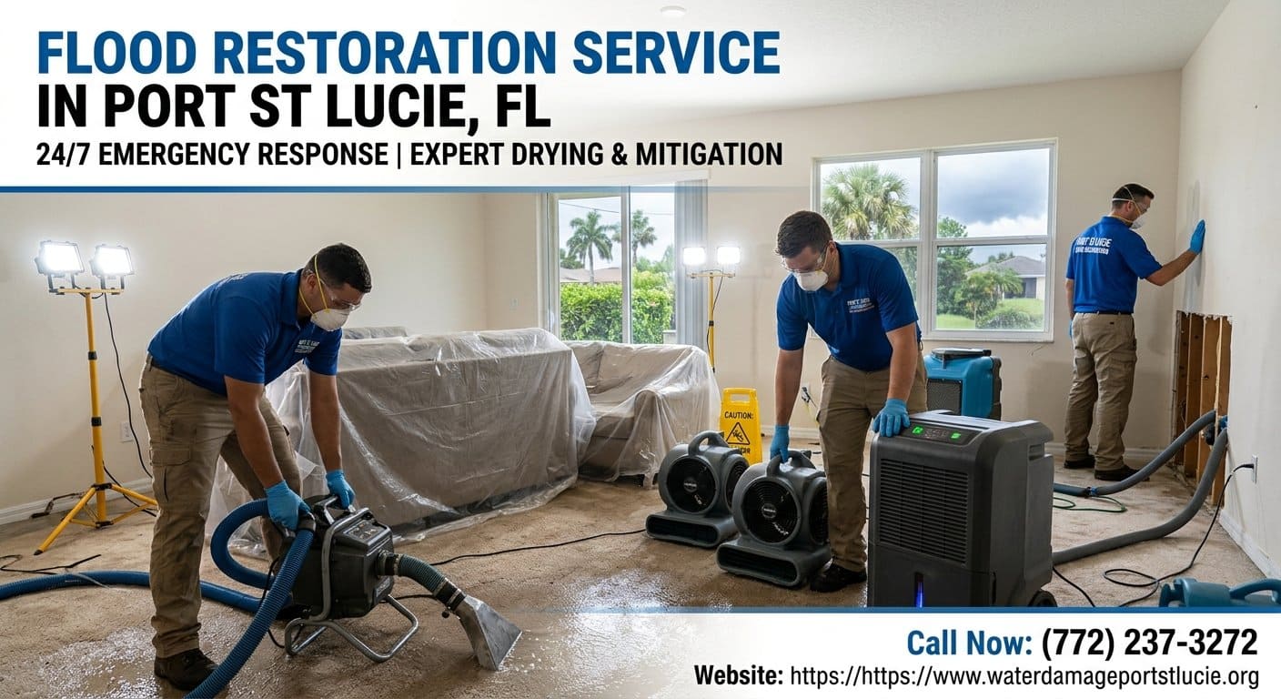 Flood restoration crew cleaning a Port St Lucie Florida 34952 home